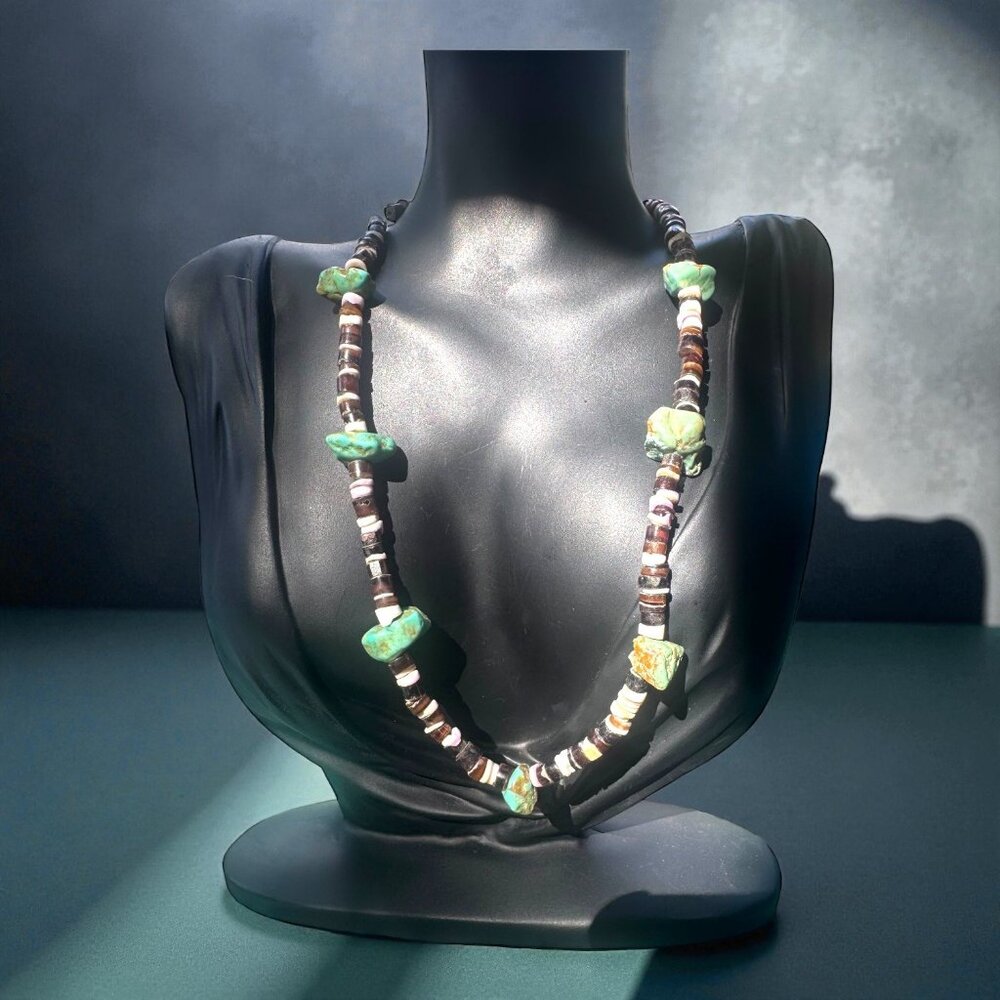 Vintage Artisan Crafted Turquoise & Heishi Shell Beaded Necklace Native American - Picture 1 of 7